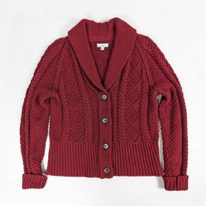 LL Bean Signature Cable Knit Cardigan Sweater Womens Small Burgundy Red Cotton